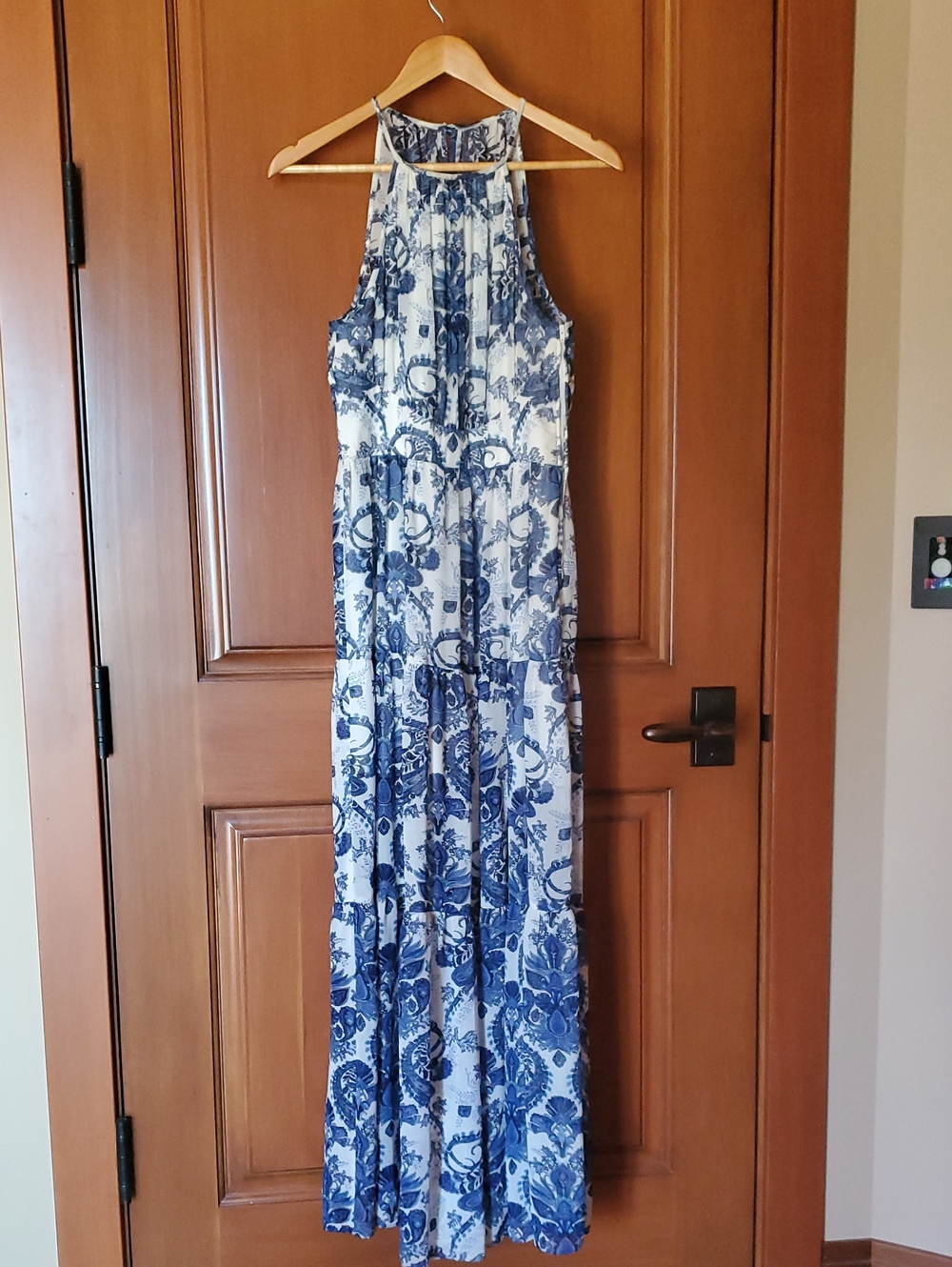 Bisou Bisou Blue and White Halter Paisley Maxi Dress